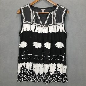 C. Oliver Tank Top Womens Medium White Black Embroidered Tribal Print Split Neck